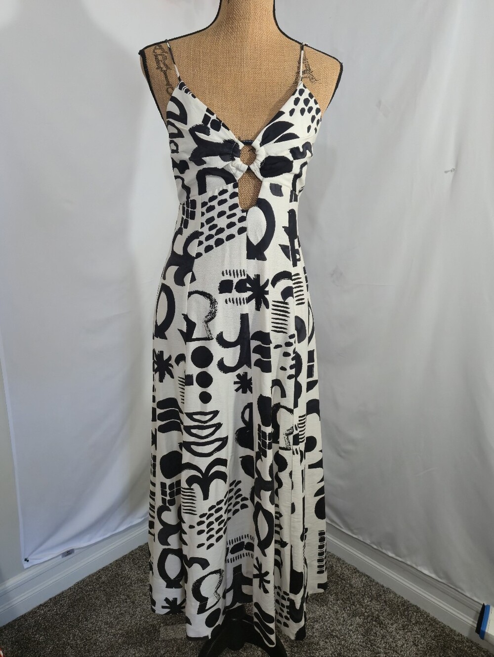 Zara Black & White Abstract Ring-Front Maxi Dress
